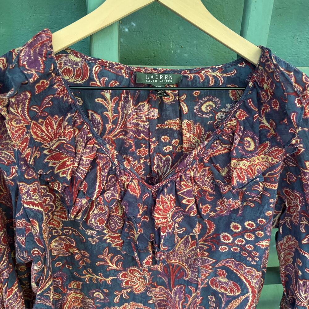 Ralph Lauren Ruffle Collar Paisley Blouse | Boho Chic Cottagecore | Size Large - Picture 5 of 8